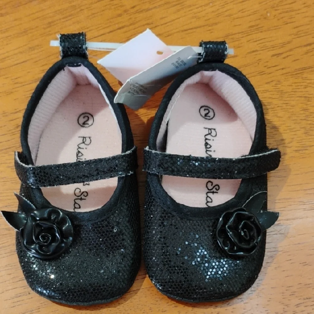 Sparkly Black Baby Shoes With Rose Detail
